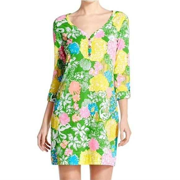 Lilly Pulitzer Dress Women XS Green Yellow Palmetto Floral Shift Hibiscus Stroll - Picture 1 of 9